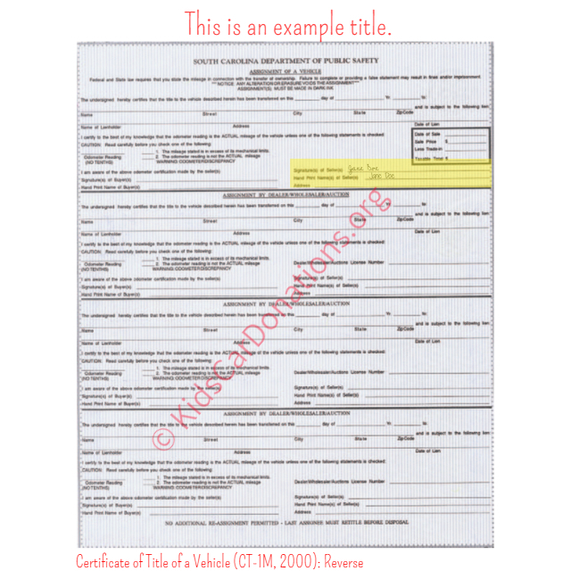 This is an Example of South Carolina Certificate of Title of a Vehicle (CT-1M, 2000) Reverse View | Kids Car Donations